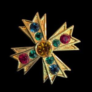 Vintage Napier Cross Brooch With Rhinestones Gold-Tone Multicolor Gems 2 Inches